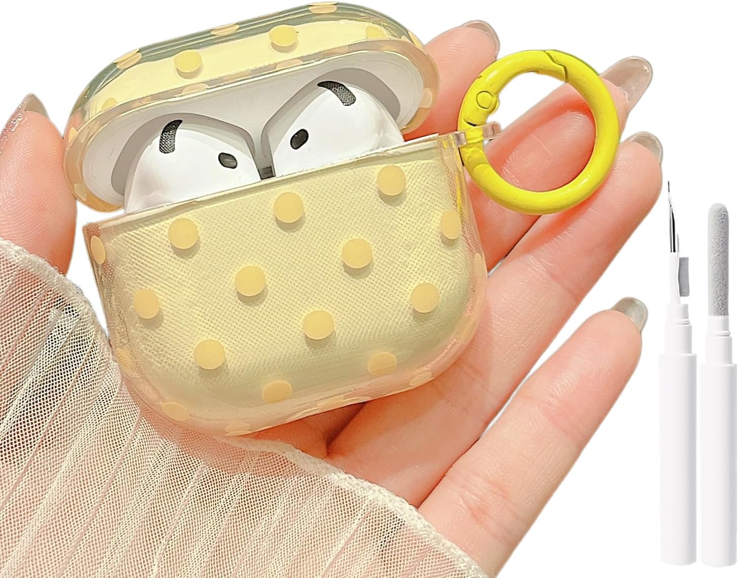 MINSCOSE for AirPods 4 Clear Case with Cleaner Kit,Cute Polka Dot Retro Aesthetic Design Transparent Hard Shell Plastic Cases with Keychain,Girly TPU Protective Cover for Women Girls-Yellow