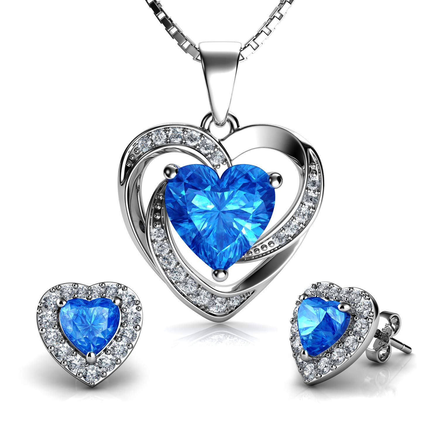 DEPHINI - Blue Heart Necklace & Heart Earrings Set - 925 Sterling Silver - Aqua Birthstone - Crystal
