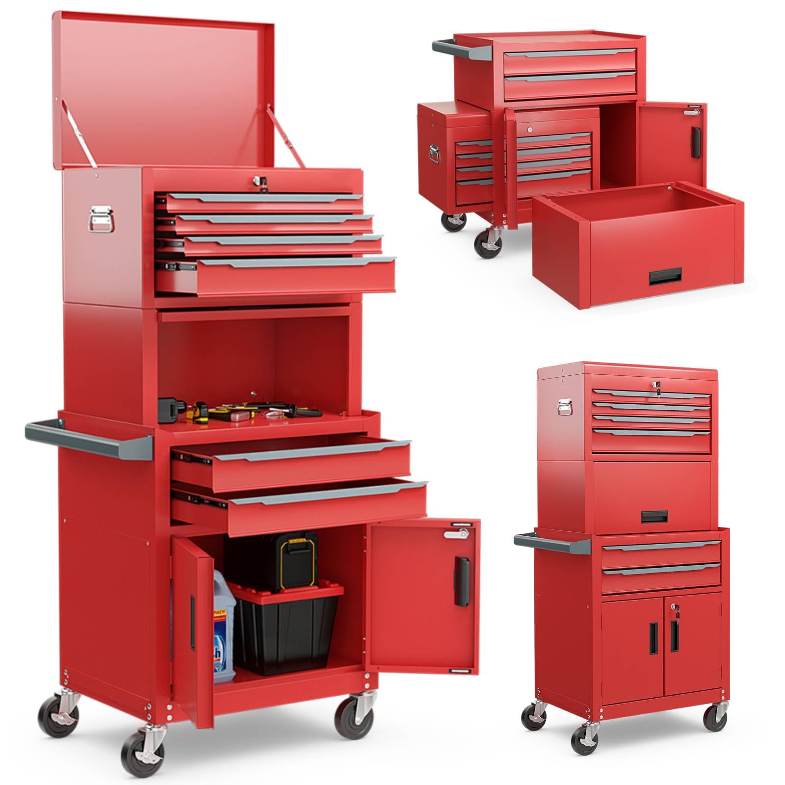 TANGZON Tool Cabinet, 2/3 in 1 Auto-Lockable Rolling Metal Tool Chest with 6 Drawers & Univeral Wheels, Heavy Duty Tool Box Organizer Cart Trolley (3 in 1, Red)