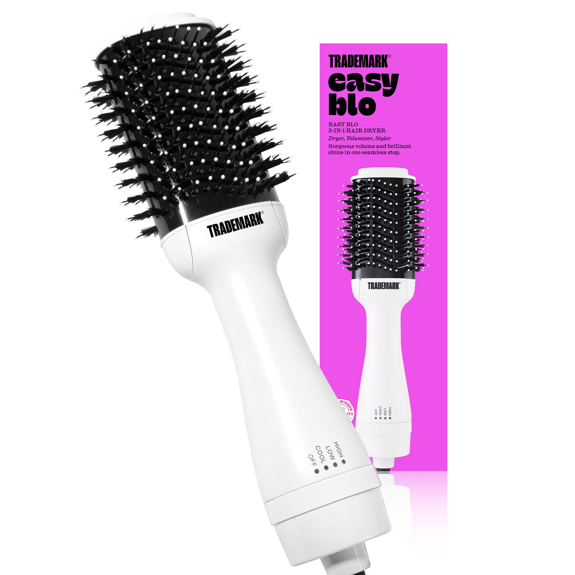 Trademark Beauty Hair Dryer Brush in One, Blow Dryer Brush, Wet and Dry Hair, Anti-Frizz Ions, Smooths, Ceramic, Creates Volume, All Hair Types - White