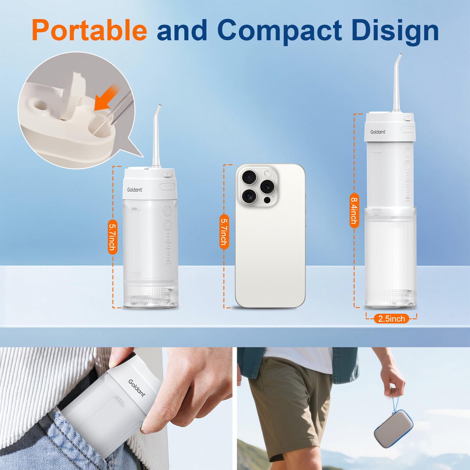 Irrigador bucal portátil para dientes con exquisita funda de viaje, mini irrigador oral recargable inalámbrico con tanque extraíble, IPX7 impermeable, 4 modos y 4 puntas de chorro para
