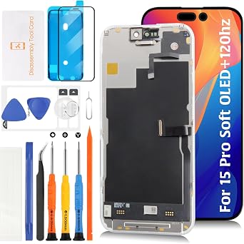 Soft OLED for iPhone 15 Pro [120Hz Promotion+Proximity Sensor Cable] 3D Touch Screen Replacement 6.1 inch Display Assembly Touch Digitizer A3102 A2848 A3101 A3104 with Repair Tools