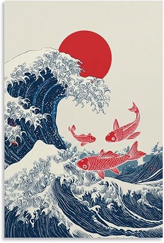 Póster japonés asiático de gran ola con estampado de peces koi, retro, estética, decoración de pared, lienzo para dormitorio, sala de estar,