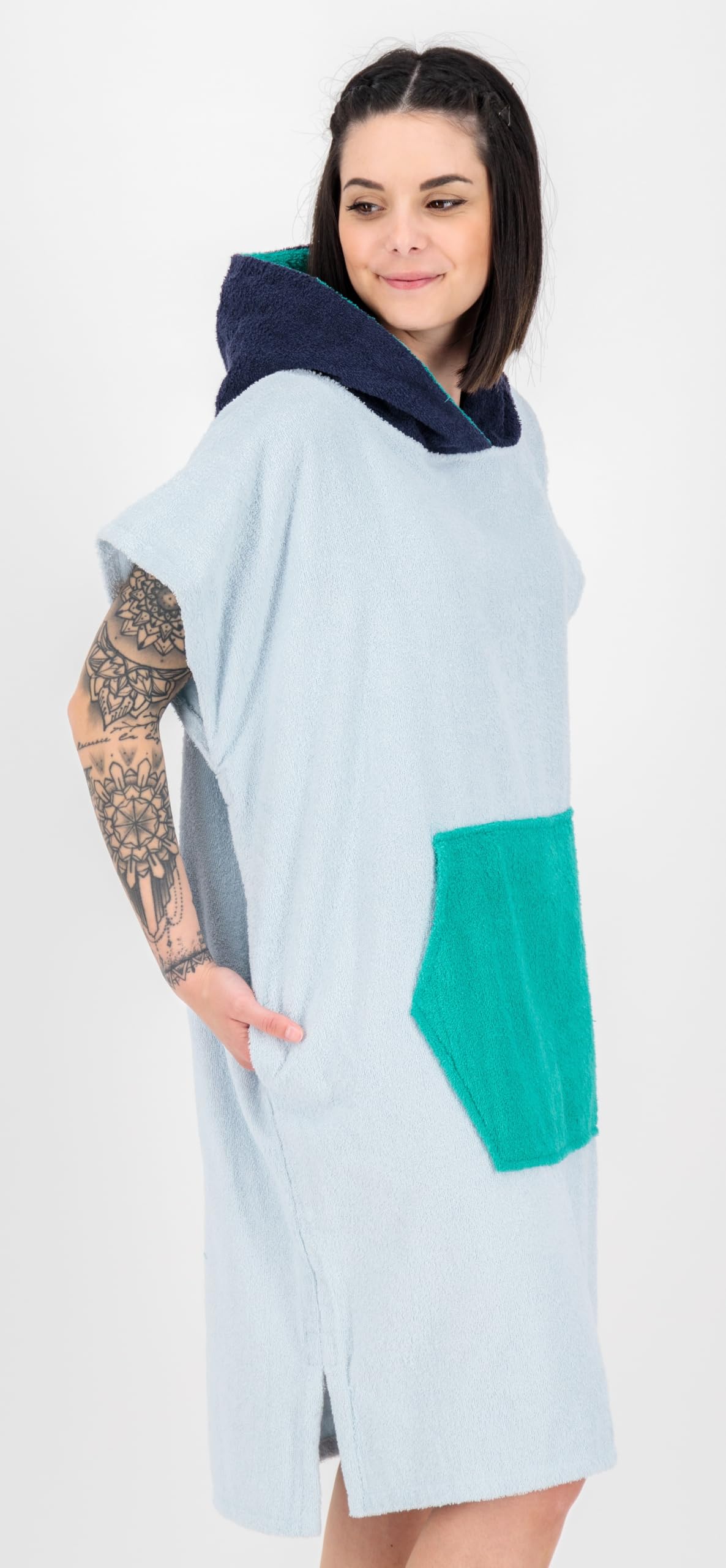 DEPROC-Active Parlee Beach Poncho de Bain, Poncho de Surf, Aide au déménagement, 100% Coton, Bleu Clair, S/Tall