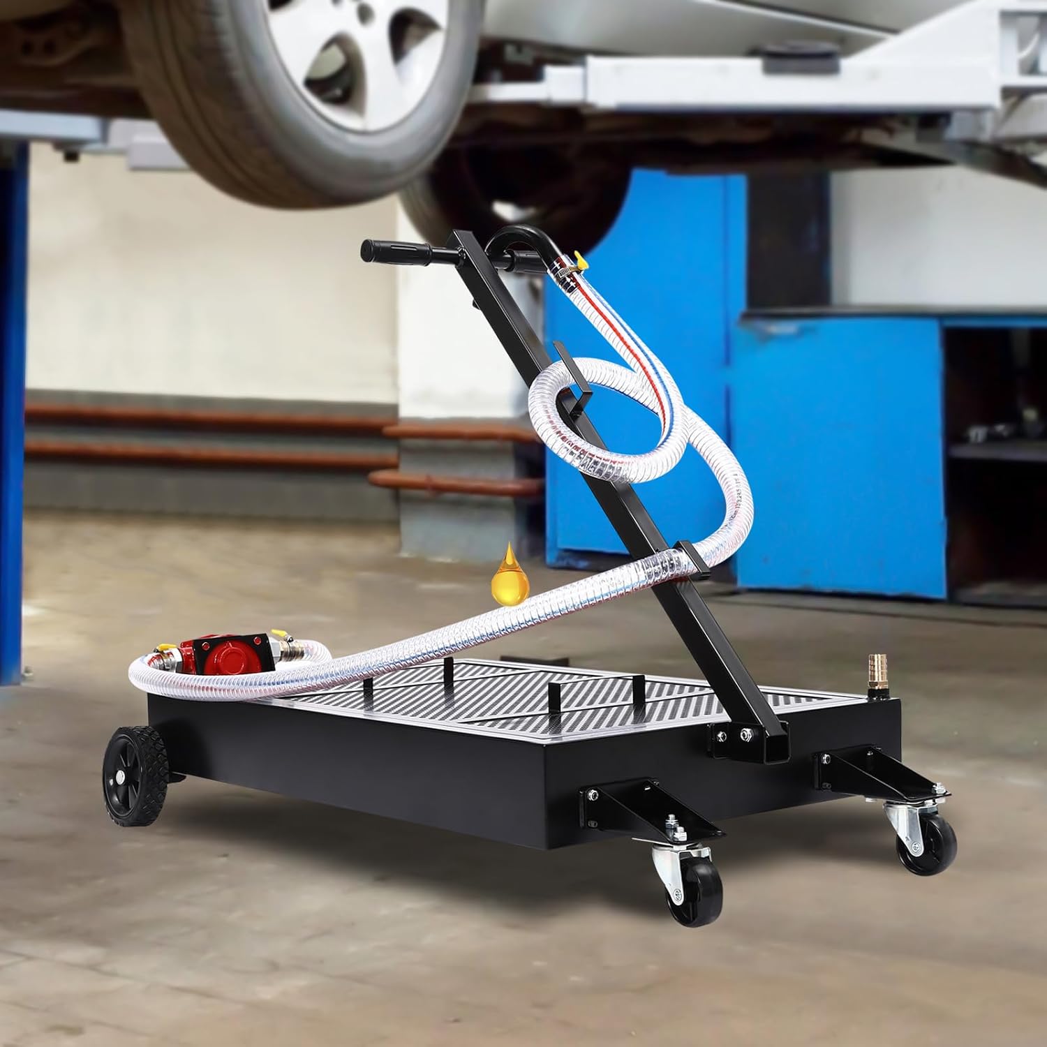 15 Gallon Low Profile Oil Drain Pan, 57L Large Capacity Truck Oil Change Pan with Manual Rotary Pump, 7.2Ft Hose & T Foldable Hand and Wheels, for Trucks, Buses, RVs