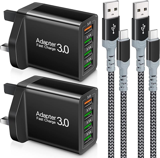 USB Plug Charger with USB Type C Cable,[2Pack] 4-Port USB Fast Charger Plug with 33W Fast Charge 3.0 Wall Charger,Multi USB Plug Power Adapter UK Fast Charging for Samsung S22 S21 S10 S9 S8 Black