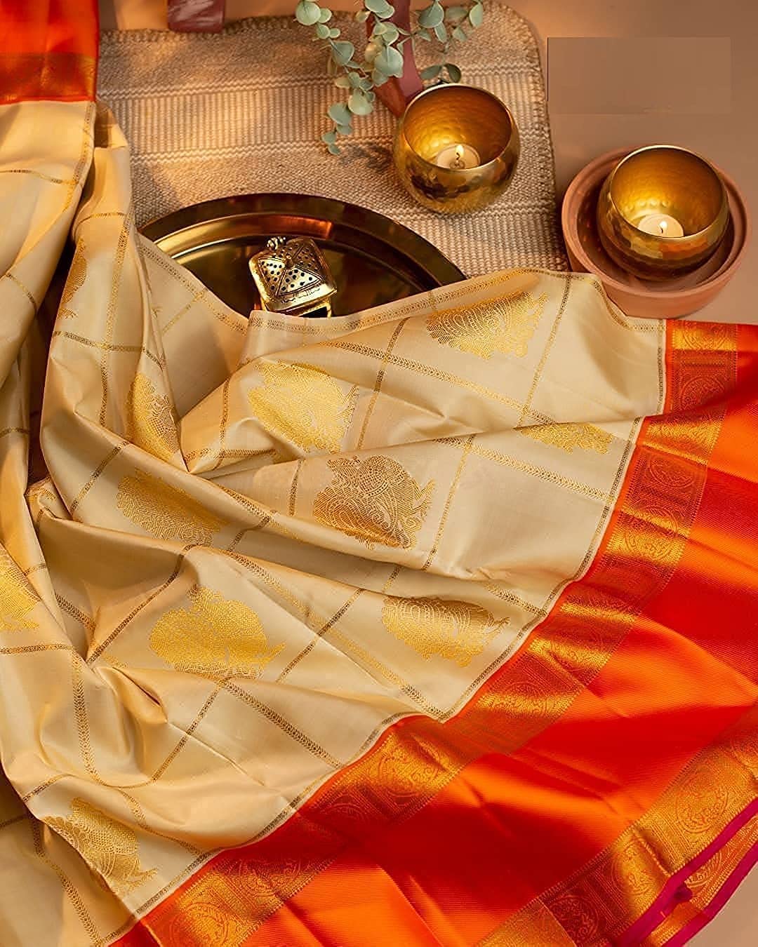 SGF11 Women's Kanjivaram Soft Lichi Silk Saree With Blouse Piece (Cream Orange) product image 3