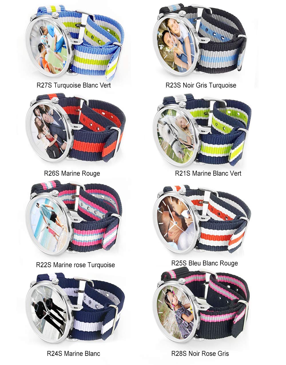 Reloj personalizado con una foto, un Texto. Reloj unisex para hombre o mujer. Regalo personalizado pulsera trenzada NATO a rayas, colores modernos. Regalo para el día del padre, Modelo mixto Ø: 38