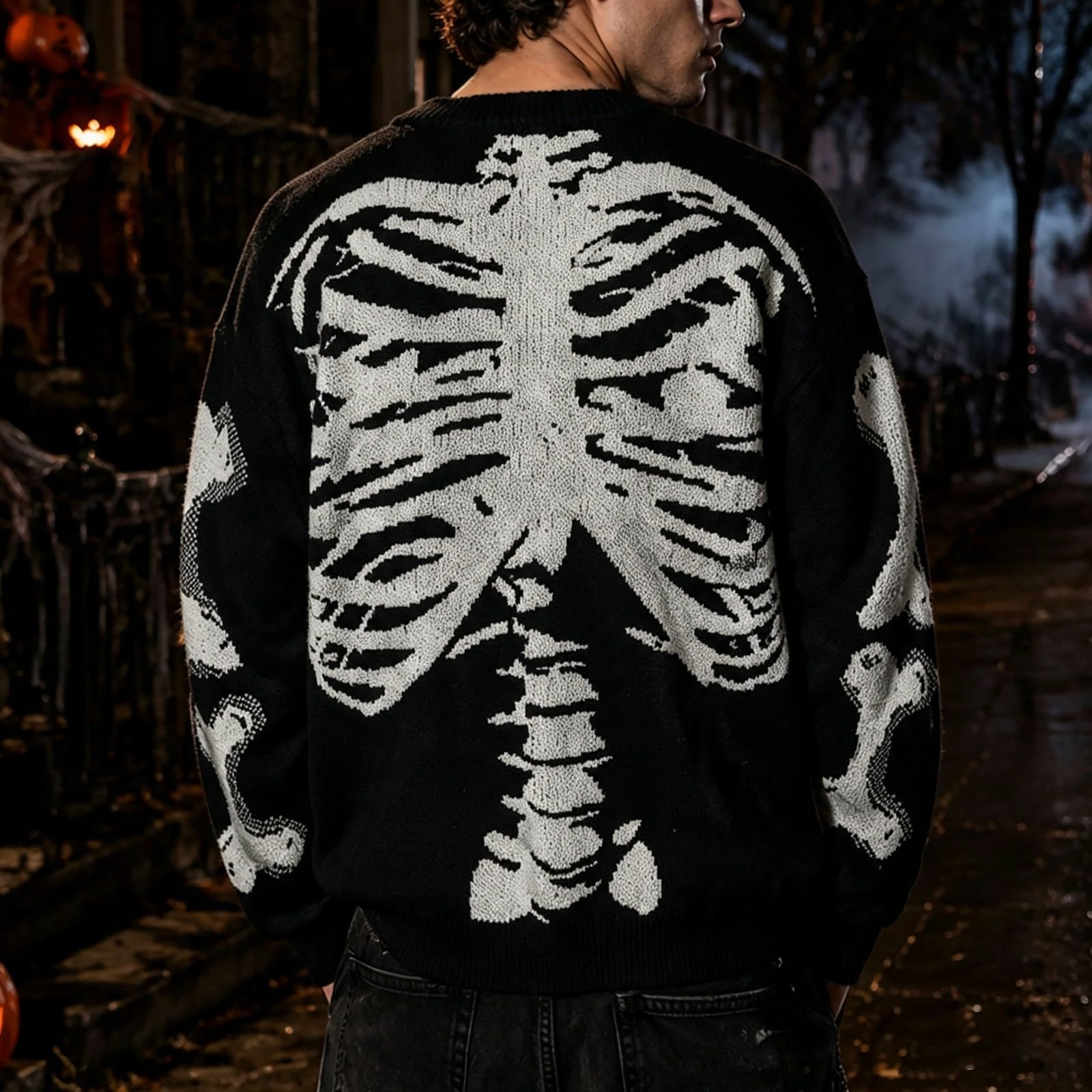 Cappotto Girocollo da Uomo con Stampa Scheletro Maglione Oversize da indoss