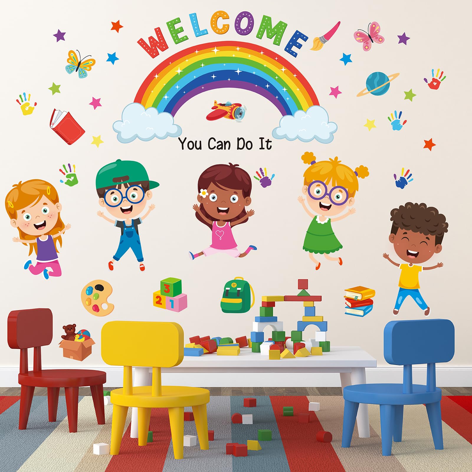 Rainbow Wall Stickers for Kids, “You Can Do It” Quote with Butterflies, Stars & Handprints - Image 3