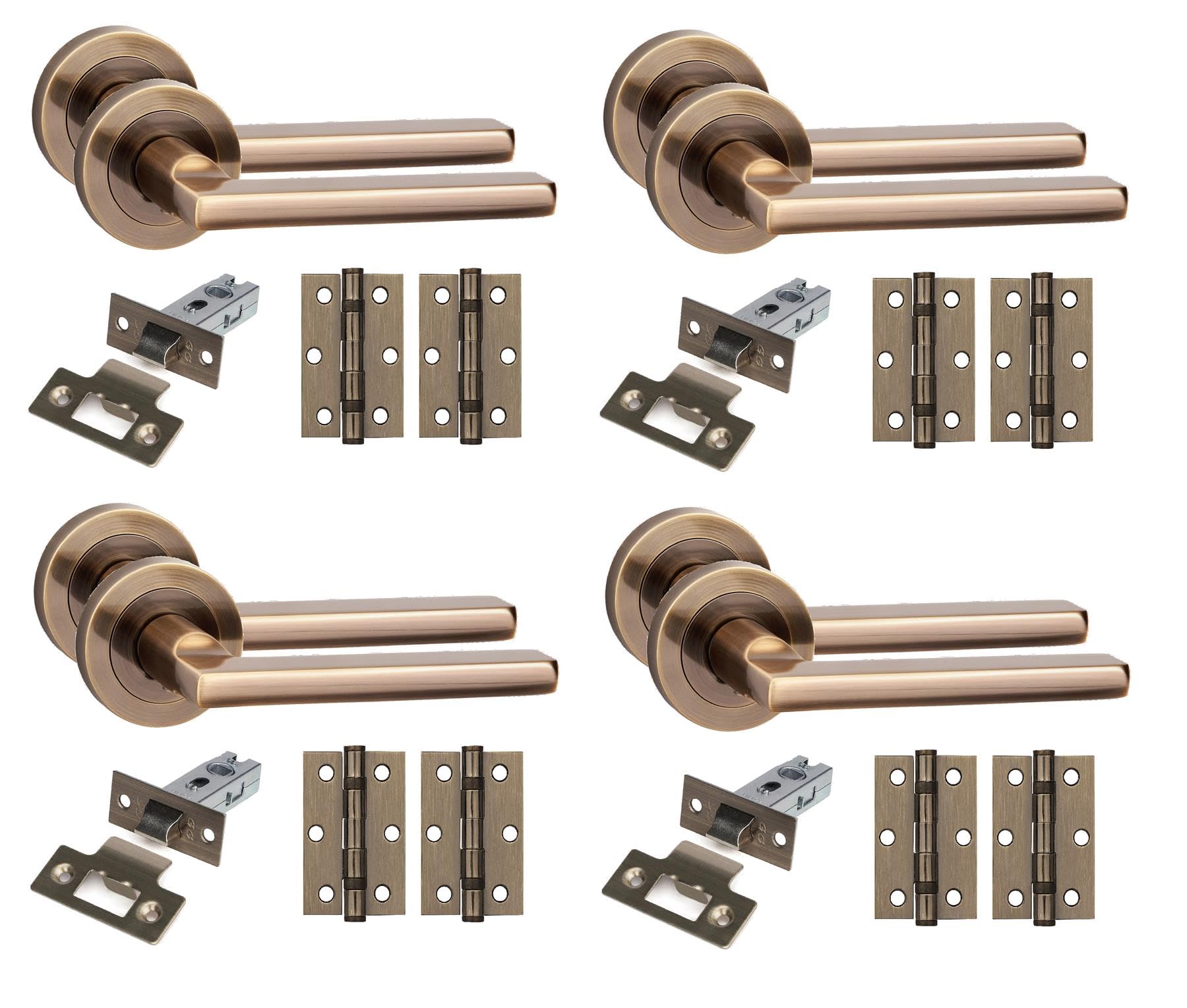 Golden Grace Antique Brass 4 Set Leon Design Door Handles With Latch And Ball Bearing Hinges Finish