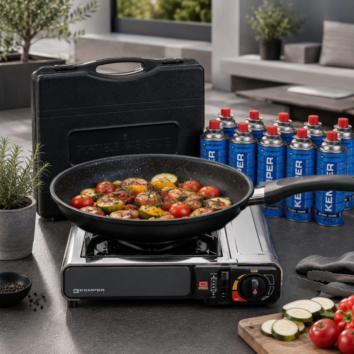 KEMPER - Réchaud à gaz INOX 2200W + 12 Cartouches gaz Allumage piezo Sécurité Insert gaz