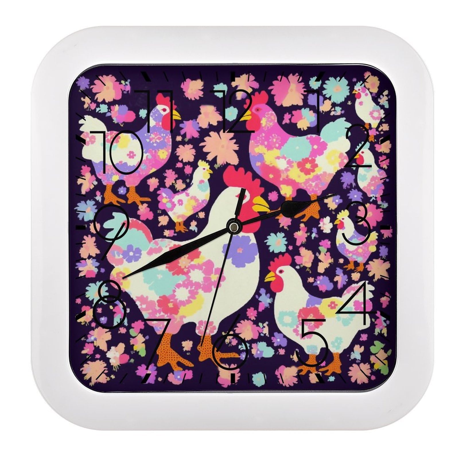 NTVOWPZO 10 Inch Wall Clock Flower Heart Chicken Battery Operated Wall Clocks Silent Non-Ticking Square Wall Clock for Living Room Kitchen Home Office Wall Decorative Clocks