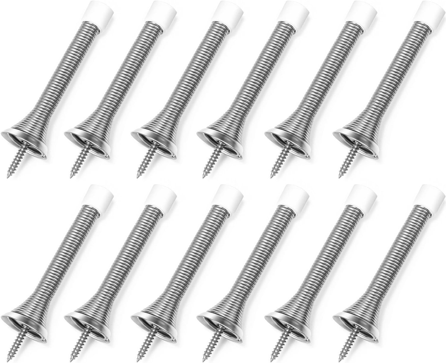 12 PCS Spring Door Stops, 3 โ
" Flexible Satin Nickel Door Stopper Heavy Duty RustProof Screw-in Design,Spring Door Stops with BabyProof White Rubber Bumper, Simple Installment and Remove
