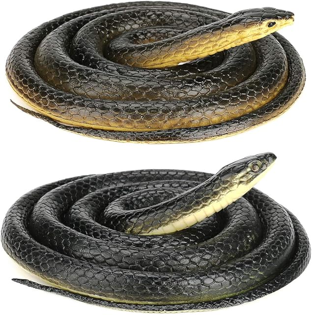 CestMall Large Rubber Snake, 2 Piece Realistic Rubber Scary Snake Toy, Fake Large Black Mamba Snake for Garden Props, Pranks, Joke Toys, Halloween Decoration, Keep Birds Away