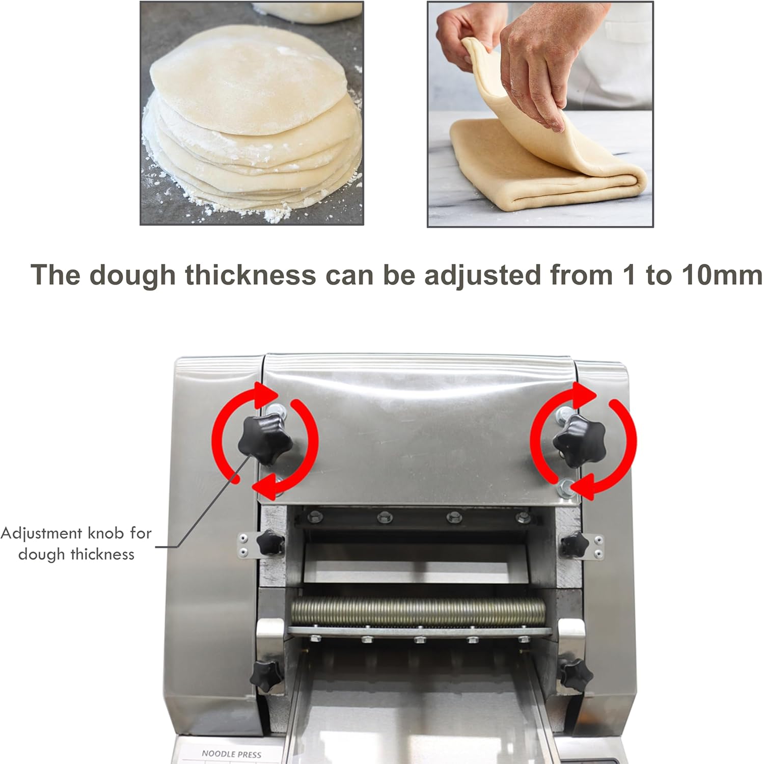 TECHTONGDA Electric Noodle Making Dough Roller Pasta Dumpling Skin Maker Noodle Cutting Machine 2.2KW 9.4inch Roller With 1.5mm and 3mm round cutter head