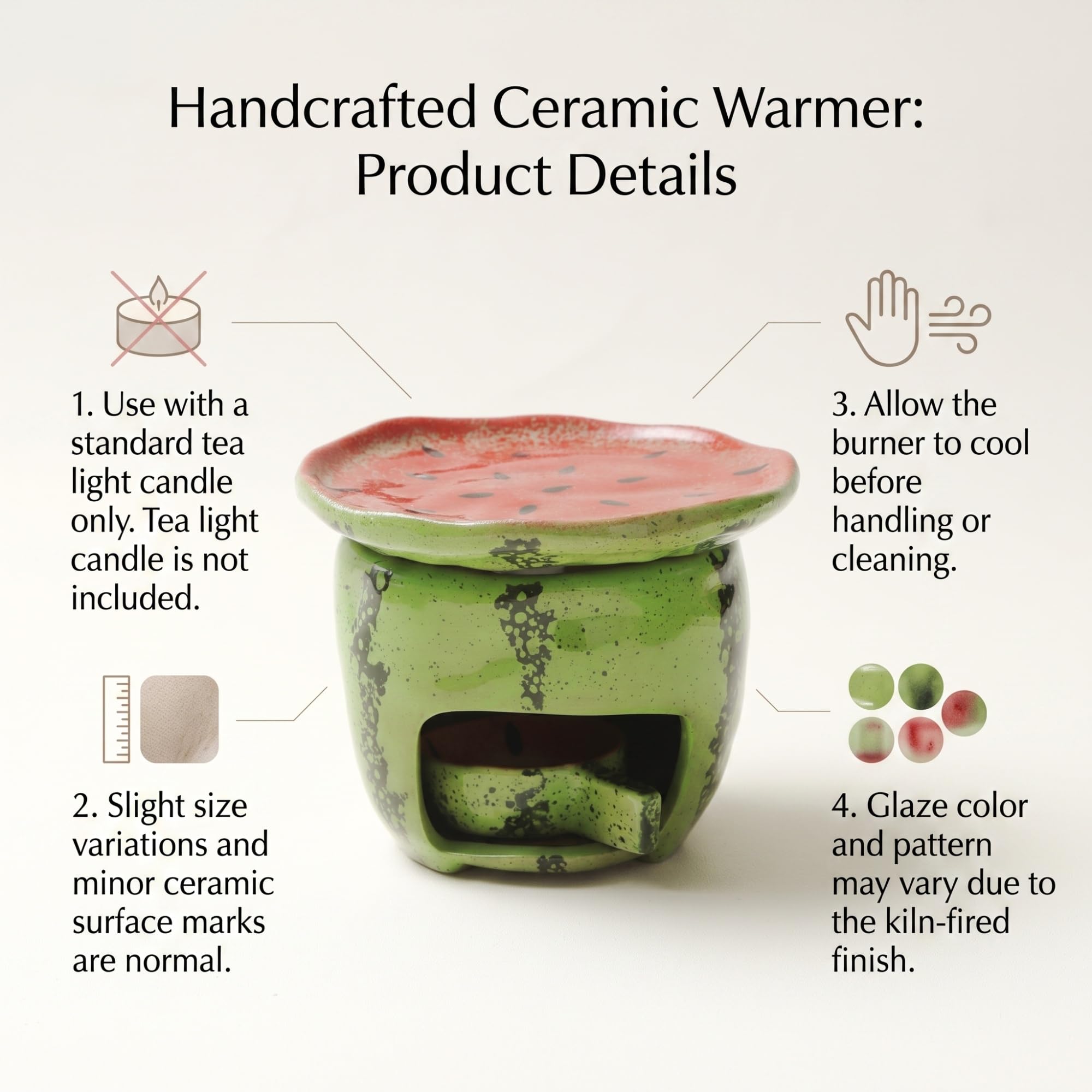 Keramik-Duftlampe im Wassermelonen-Design für Teelichter | Keramik, Teelicht-Betrieb, für Kaffeebohnen, Teeblätter, Duftwachs (Wax Melts), Wassermelonen-Optik, Wohnaccessoire