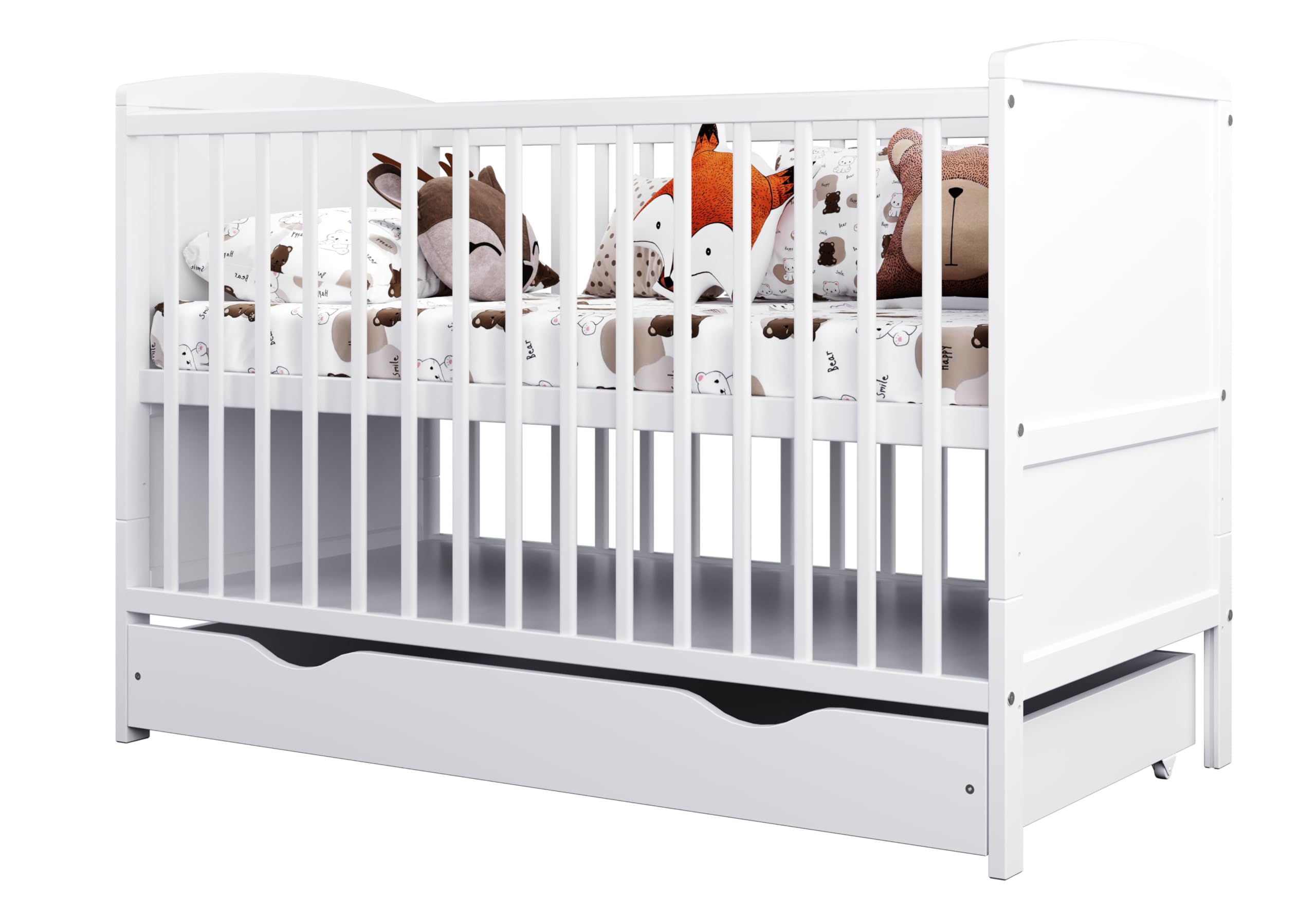 Genérico Cuna Bebé Convertible 60x120 cm con Cajón, 3 Alturas de Somier, 3 Barrotes Extraíbles, Cama Infantil Evolutiva Blanca (sin colchón)