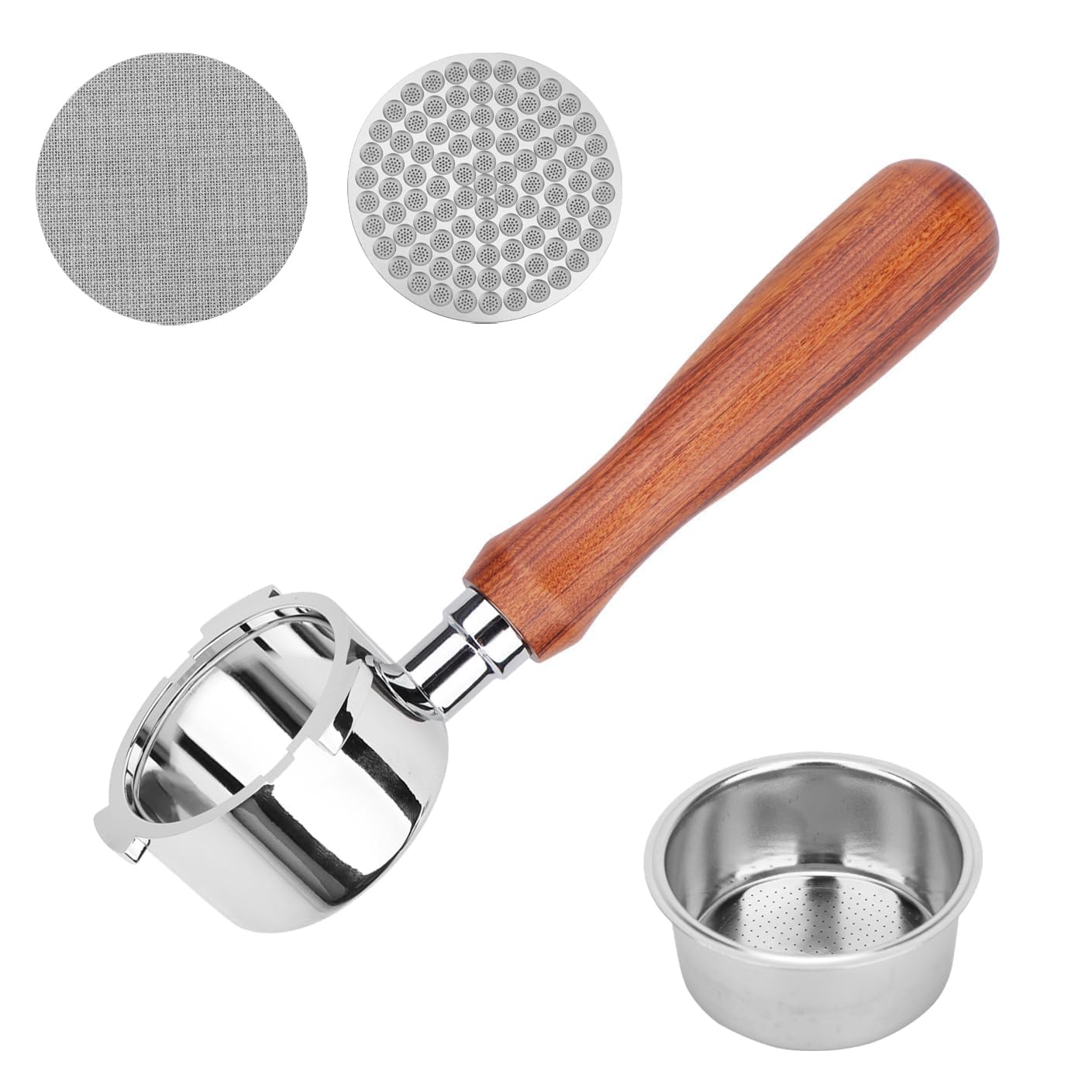 Portafiltro Senza Fondo da 51mm con Schermo a Disco compatibile per DeLonghi EC680/EC685, portafiltro da 51 mm con cestello filtro in acciaio inox manico in legno