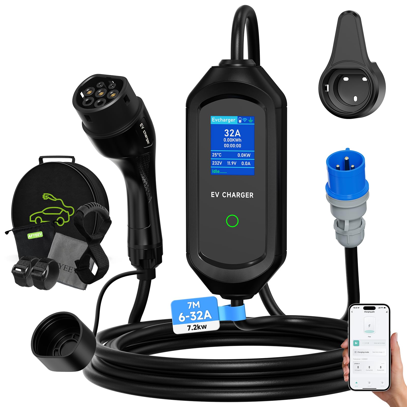 Mobile Wallbox 7.2kW Typ 2 Ladekabel, 7M Ladekabel Elektroauto | Typ 2 6/8/10/13/16/20/24/32A Einstellbare Strom, Ladegerät Schuko Elektroauto Schuko, EV Ladegerät mit APP, IEC 62196-2