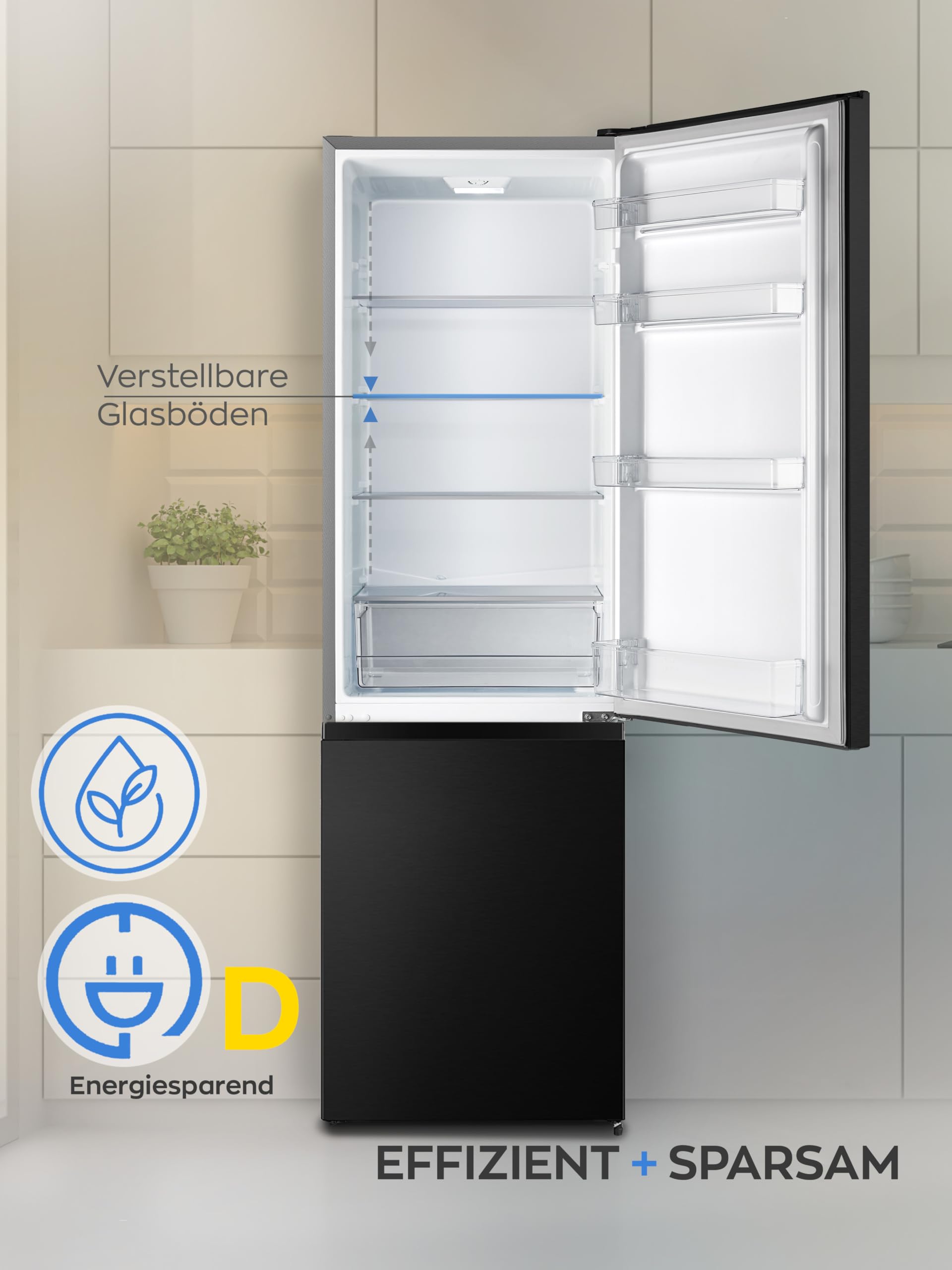 Heinrich´s Kühlgefrierkombination 269 Liter, Kühlvolumen 198L, Gefrierfach 71L,LED Beleuchtung,Kühlschrank Türanschlag wechselbar, leise 39dB,große Tiefkühlboxen, 7 Temperaturstufen, (schwarz-inox)