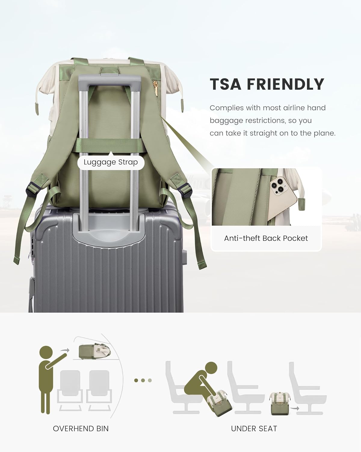 LOVEVOOK Laptop Backpack for Women, 15.6 Inch Work Laptop Bag with USB Port, Fashion Teacher Nurse Backpack Purse, Waterproof Travel Computer Backpack with Organizer Bag, 2PCS, Beige-Bean Green - Image 4