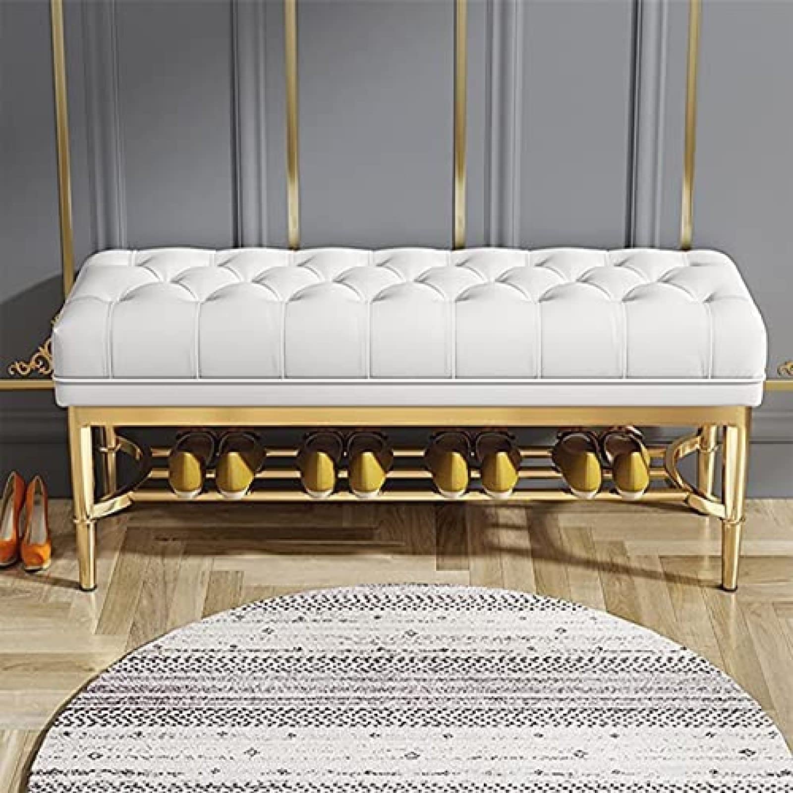 Wysokiej jakości biała skórzana ławka na buty z wyściełanym siedziskiem stylowa półka do przechowywania mebli do przedpokoju 80 x 33 x 48 cm nowoczesny design do wystroju domu.