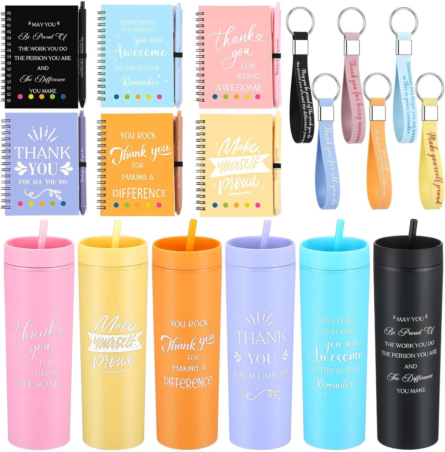 Dunzoom 6 Set Employee Appreciation Gifts Thank You Gifts for Coworker 16 oz Tumbler Cups with Lids Straws Inspirational Notebooks with Ballpoint Keychains for Teacher Nurse Work Business Team Staff