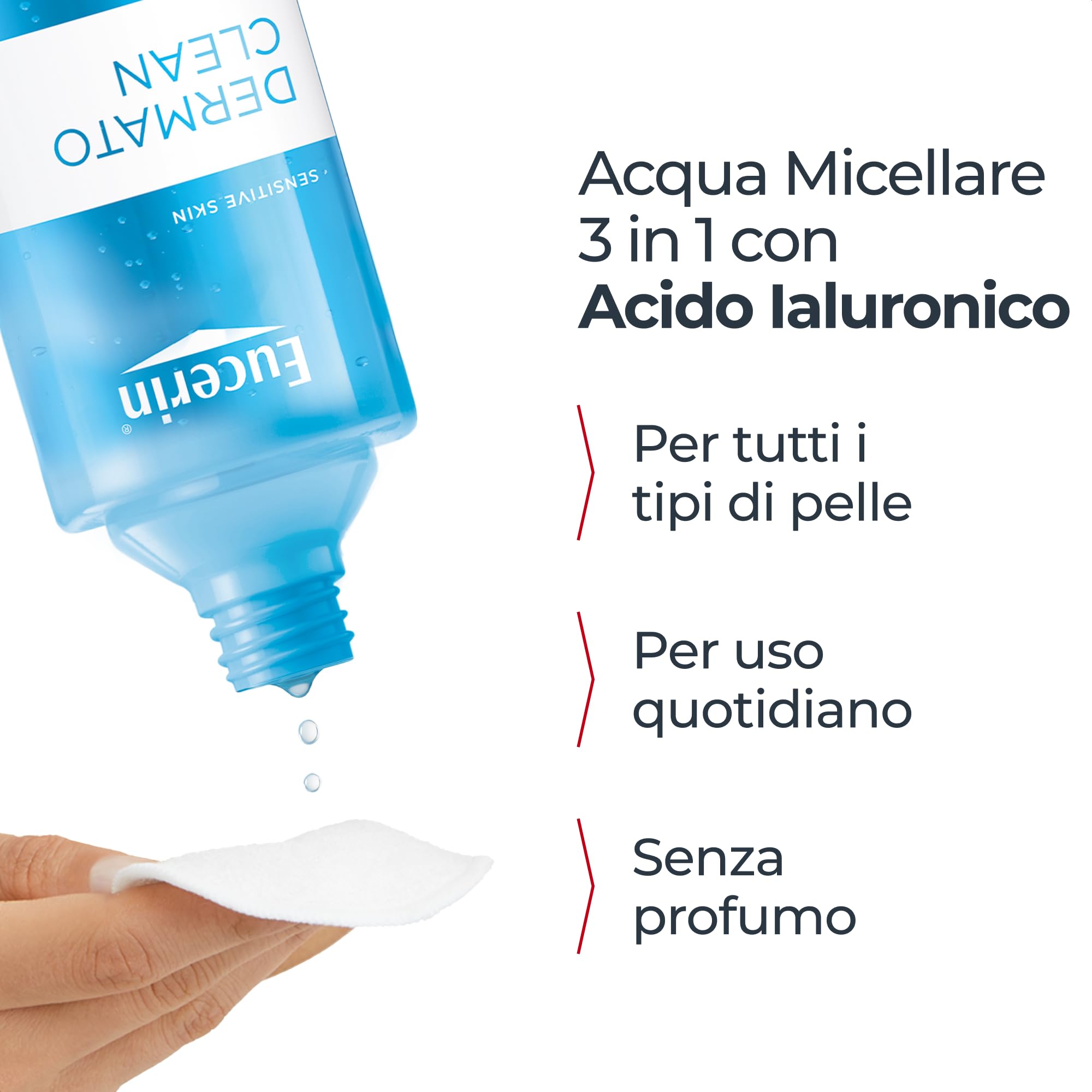 Eucerin DermatoClean Acqua Micellare 3in1 200 ml, Detergente viso struccante viso e occhi per make-up waterproof, Con Acido Ialuronico, Senza profumo, Per tutti i tipi di pelle, anche sensibile