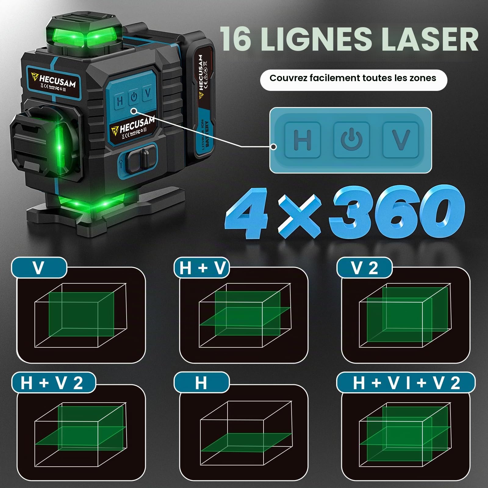 Niveau Laser Avec Trepied, Niveau Laser Chantier Autonivelant 4×360°, Laser à Lignes Continues Avec FenêTre De Rotation à 360°, Batterie 2×4800 mAh, Indice IP54 Pour Bâtiment, Carrelage
