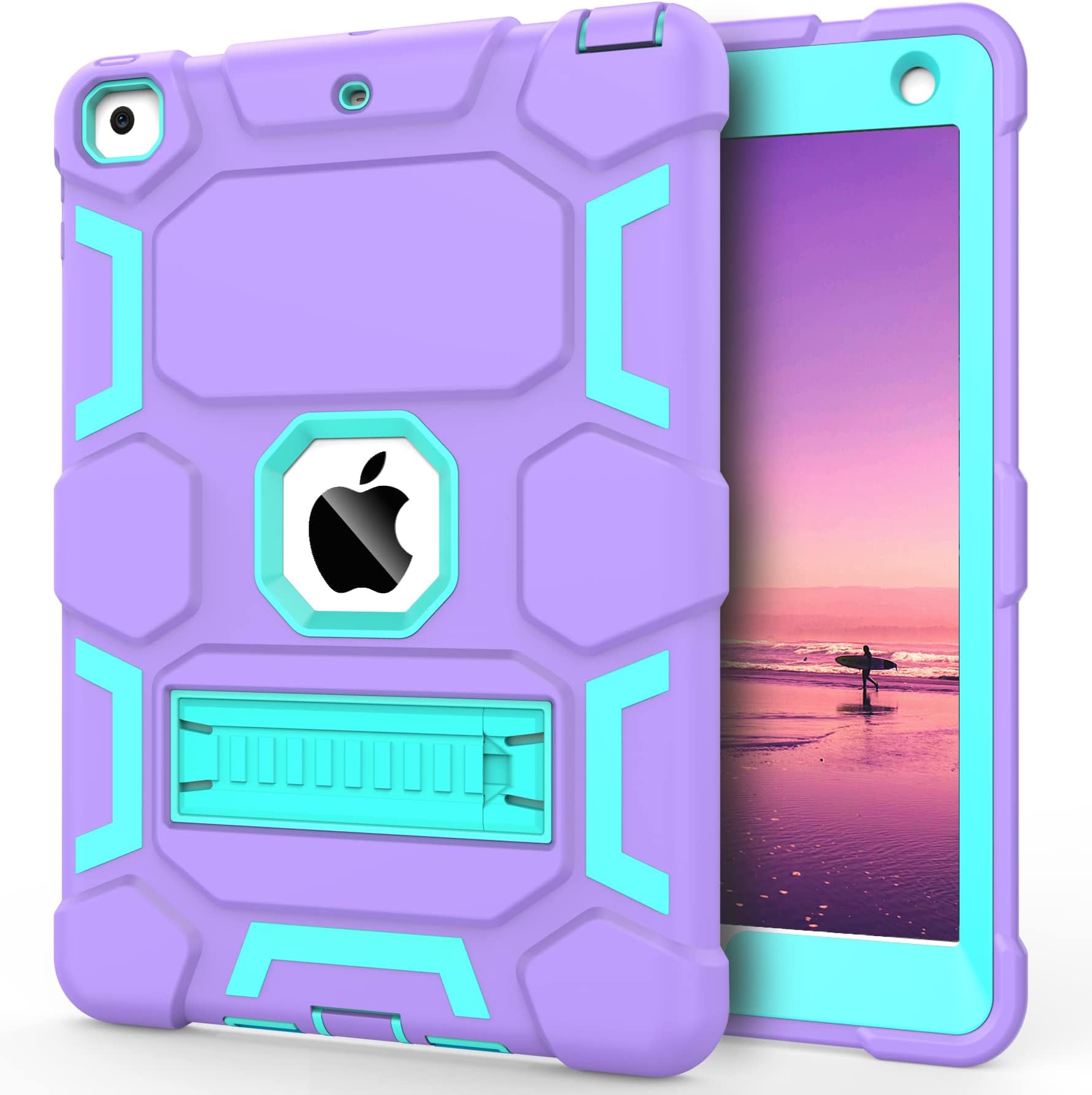 CCMAO Compatible with iPad 6th Generation Cases, iPad 5th Generation Case, iPad 9.7 Case, iPad Air 2 Case, Hybrid Shockproof Rugged Drop Protection Case with Kickstand for Kids Girls, Purple+Green