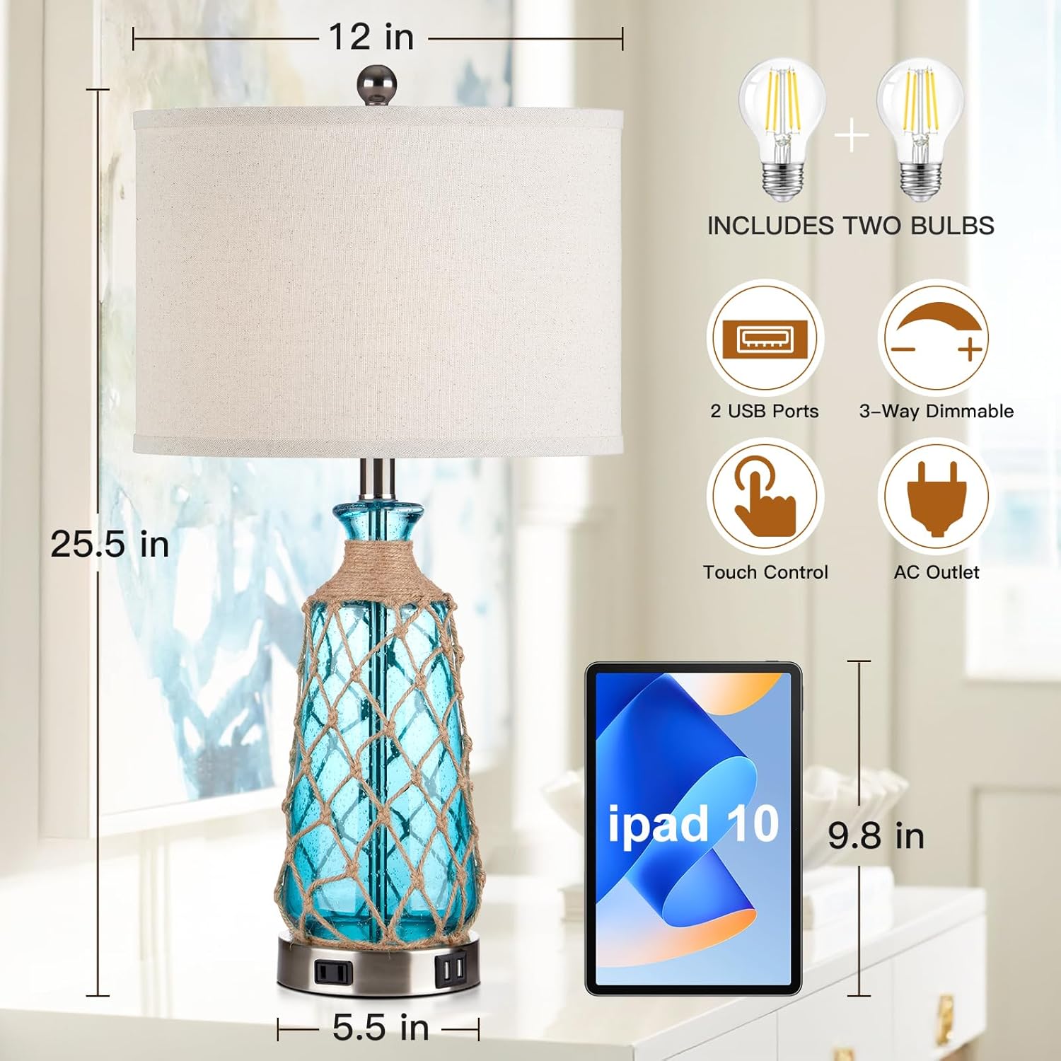 25.5" Coastal Glass Table Lamps Set of 2, 3-Way Dimmable Touch Control Bedside Lamps with 2 USB Ports and AC Outlet, Blue Nautical Nightstand Lamps for Bedroom Living Room (LED Bulbs Included)