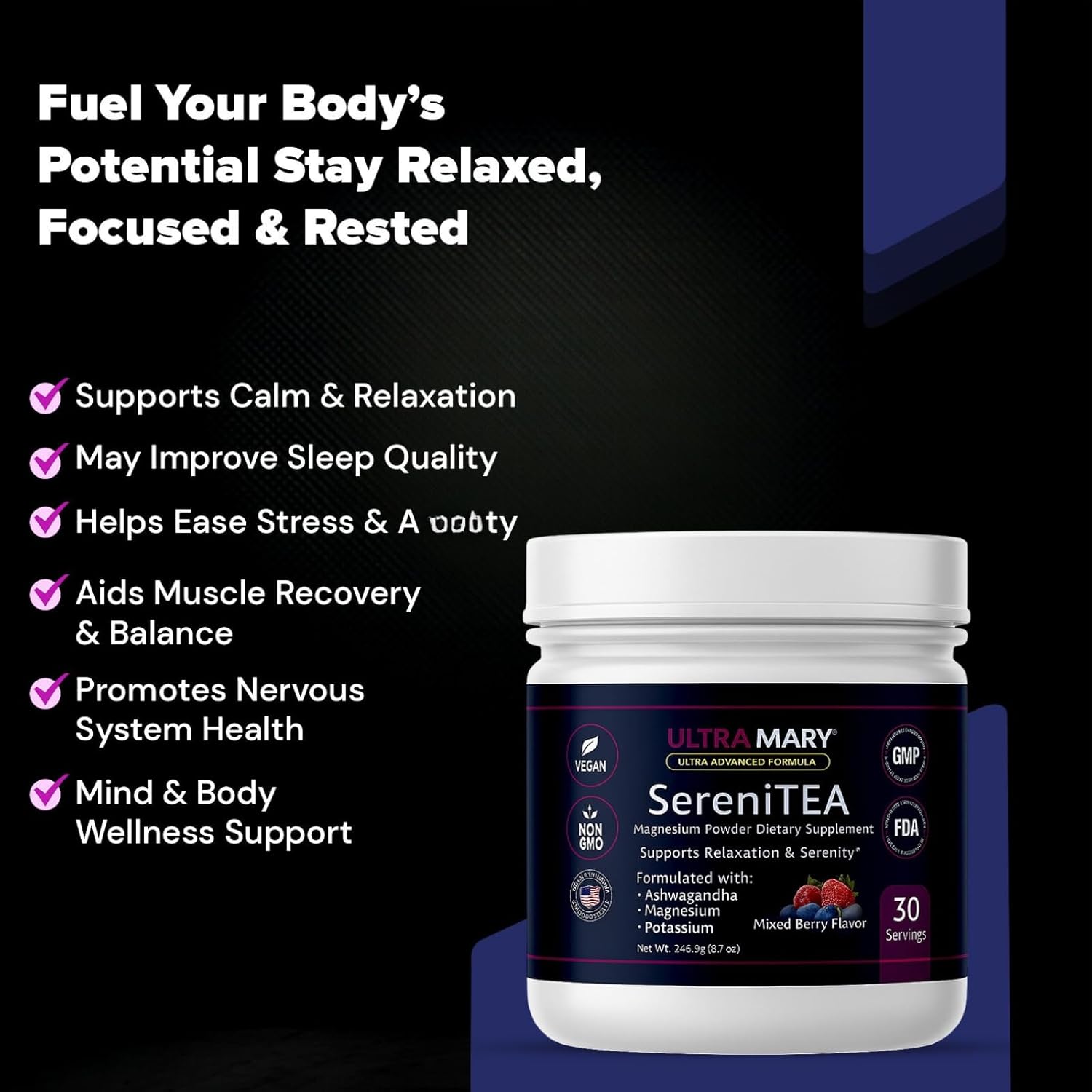 Magnesium Potassium + Ashwagandha Powder–Mixed Berries Flavor,Dietary Supplement Drink Mix Chamomile,Lavender,Passionflower & Herbal Blend,Relaxation & Calm Support Formula,Vegan–30 Servings, Sereni