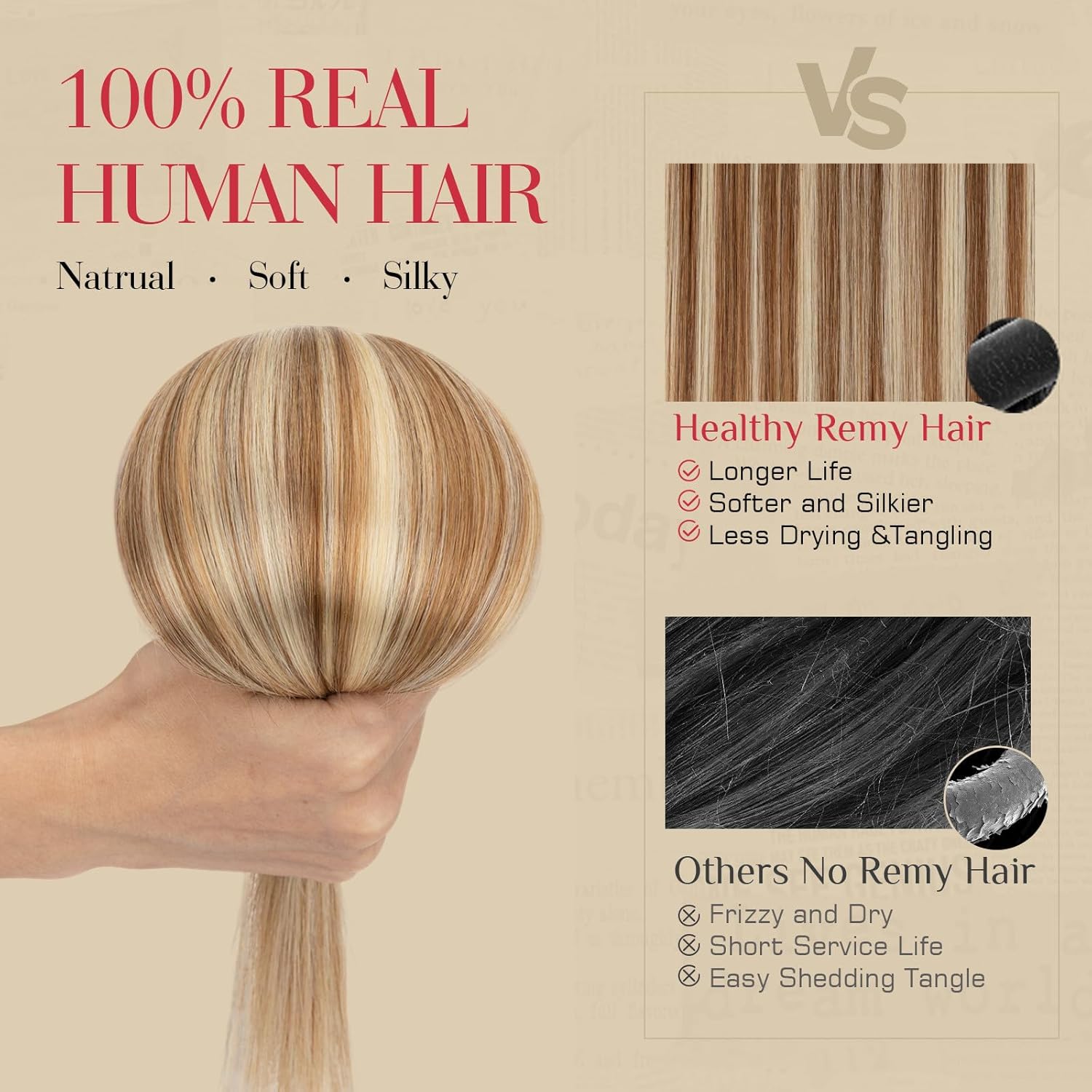 Rich Choices Real Human Hair Clip In Extensions-6 Pcs Single Clip Design-Invisible Clip in Extensions for Thin Short Hair-Hairpieces for Women-10 Inches #6P613R Light Brown Highlight Bleach Blonde