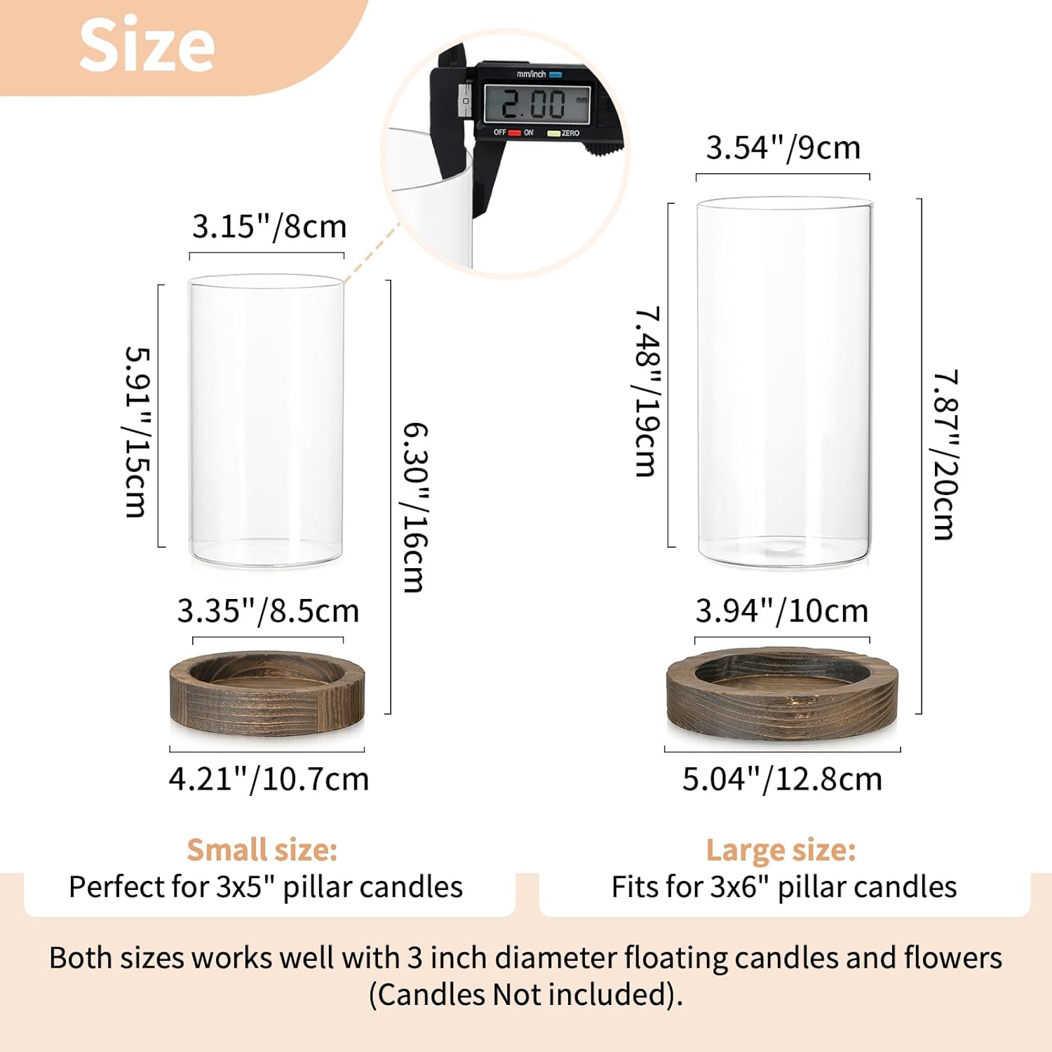 NUPTIO Hurricane Candle Holder for Centerpiece: Glass Pillar Candle Holder with Rustic Brown Wooden Plate - Set of 2 Floating Candles Cylinder Vase for Outdoor Wedding Table Decor - Image 2