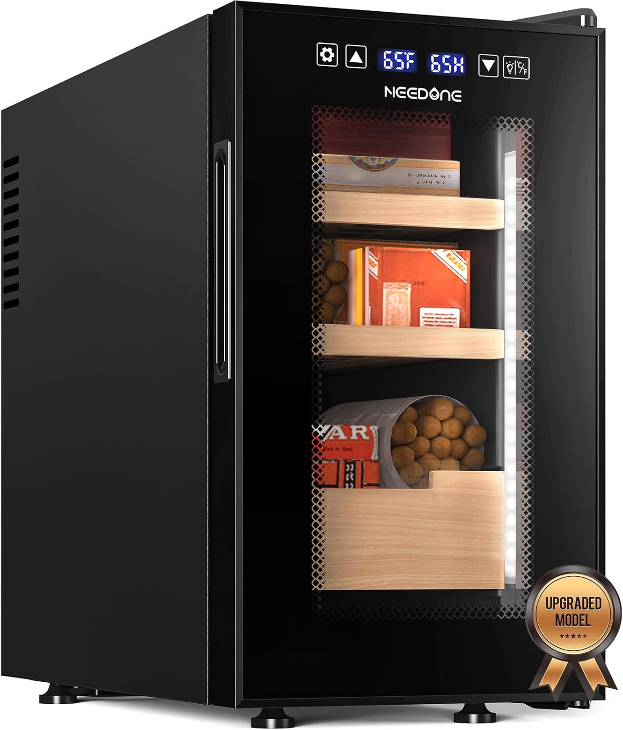 NEEDONE 23L Pro 1S Cigar Humidor, Smart Humidity & Temp Quiet Control, Holds 150 Counts, Electric Thermostatic Cabinet w/Spanish Cedar Wood Shelves & Drawer, Digital Hygrometer, Gifts for Men
