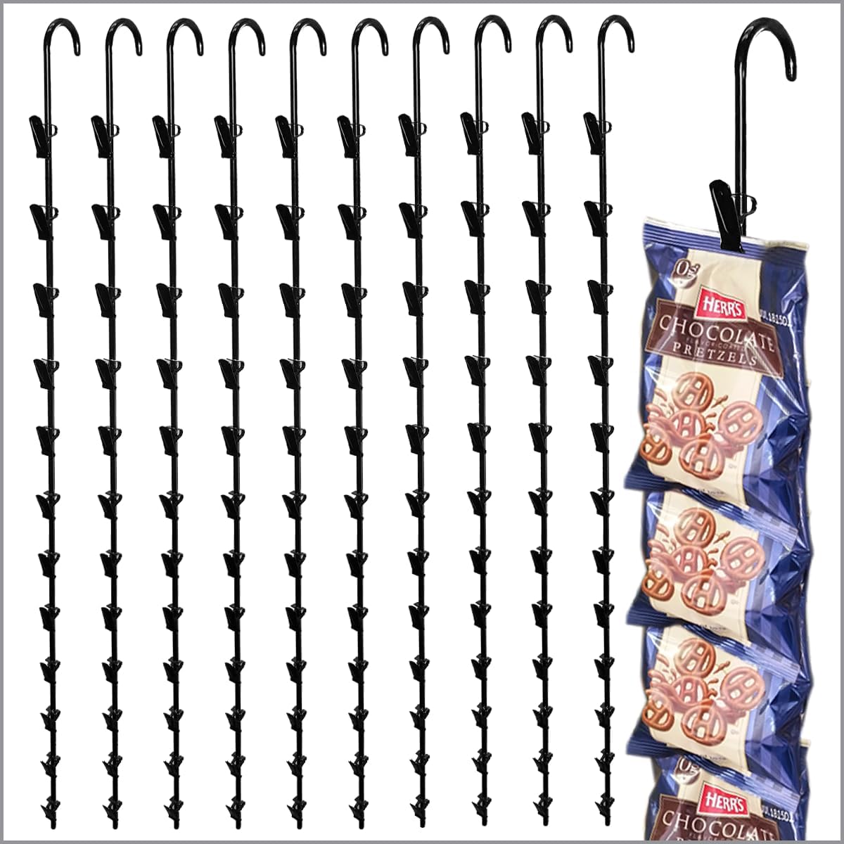 Clip Strip 10 Pack Metal Merchandising, 12 Heavy Duty Clips Display Chips, Snacks, Candy, Impulse Items in Retail Stores, Concession Stands, Party, Events, 31" L, Black Corp.