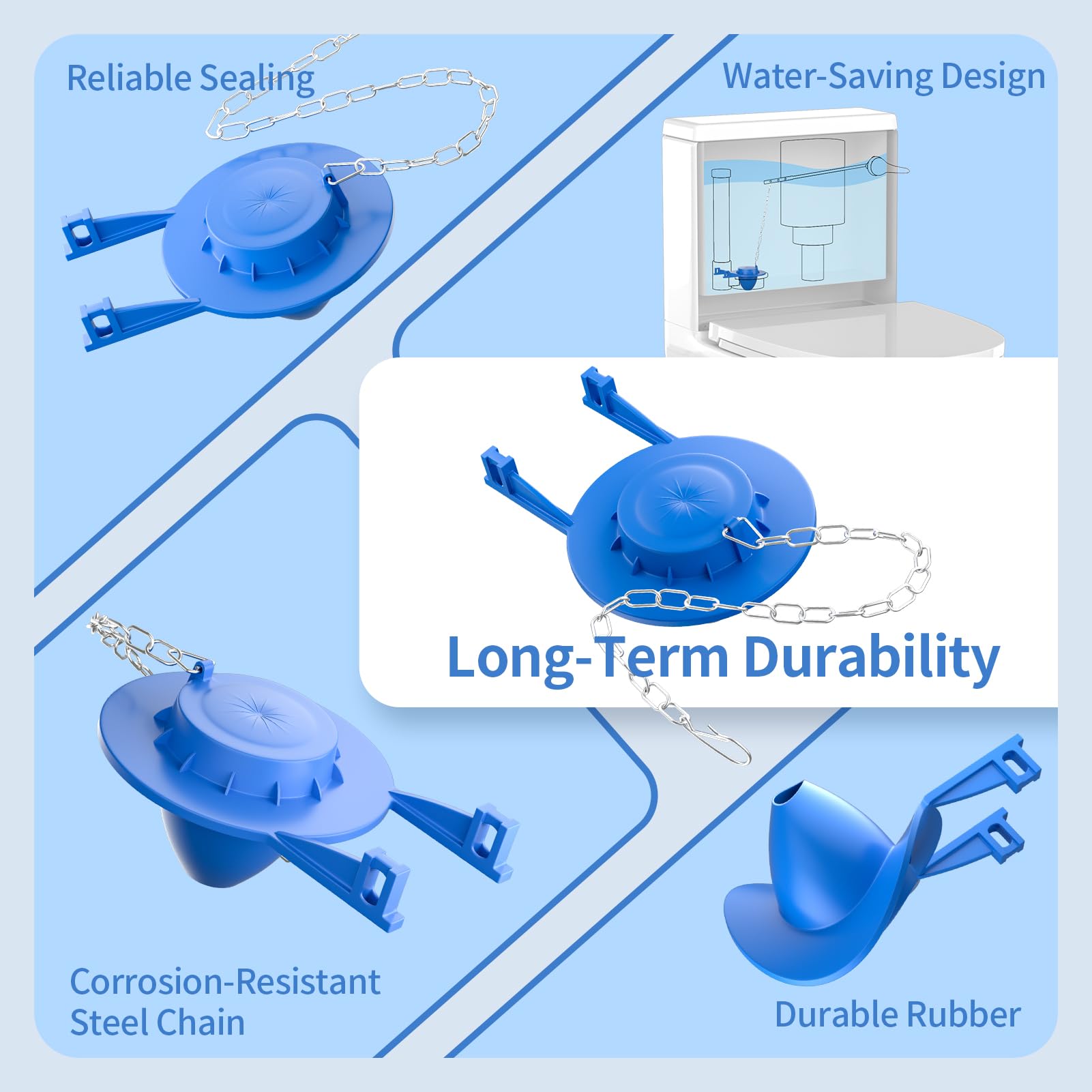 2 Pack Toilet Flapper Replacement Kit, 2 Inch Universal Toilet Tank Flapper Fit for Kohler American Standard Toto Gerber, Silicone Stopper Flapper with Stainless Steel Chain Easy to Install (2) - 3
