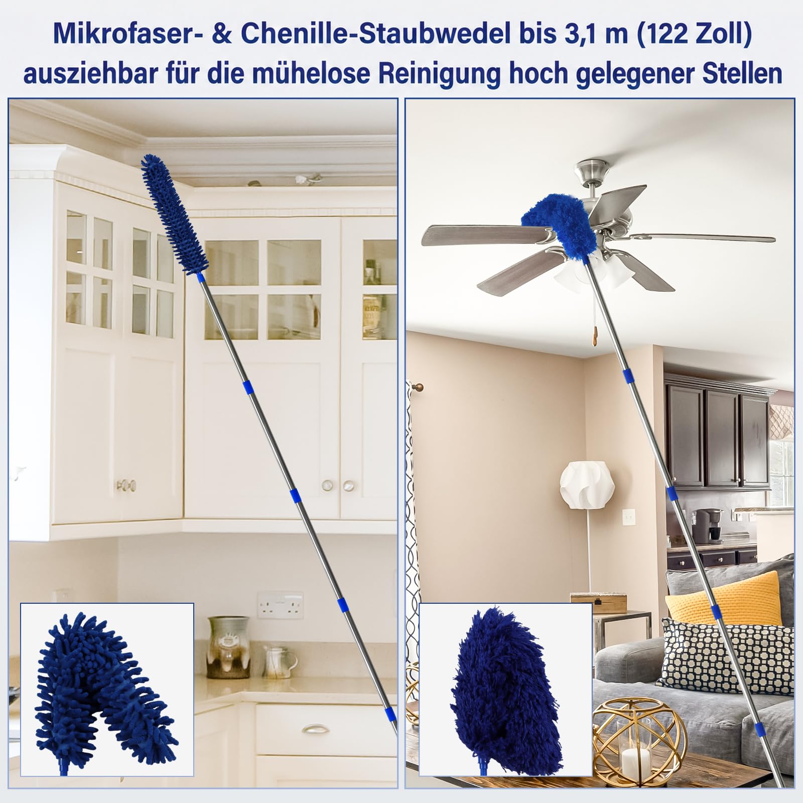 marysgift Staubwedel Teleskop Staubwedel Lang Ausziehbar mit Teleskopstange bis 310 cm Staubwischer Waschbar für Spinnweben Hohe Decken Lücken, Wiederverwendbares Reinigungsset Dunkelblau