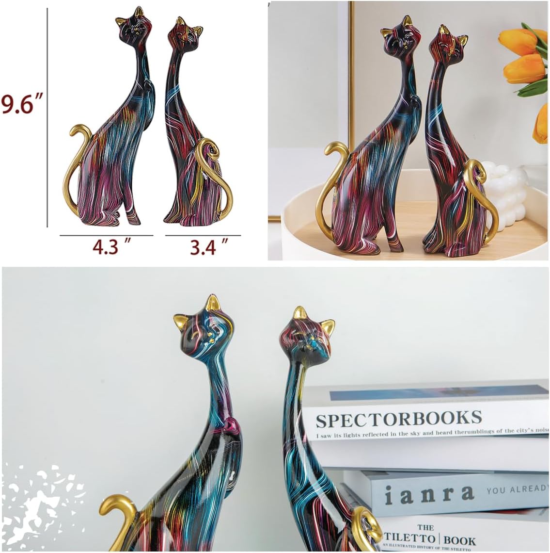 masteymoh 2 Colorful Cat Statue,Creative Graffiti Art Multicolor Cat Figurine Resin Home Decor Splash Color Animal Sculpture Kitten Figurine Modern Home Office Desktop Decoration (Black K)