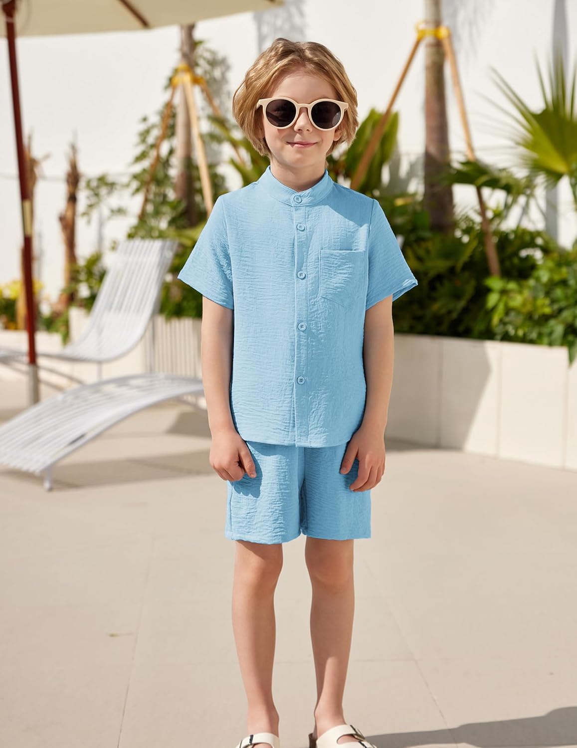 Arshiner Toddler Boys 2 Piece Set Short Sleeve Button Down Shirt and Shorts Vacation Texture Outfits with Pocket 2-8 Years - Image 6