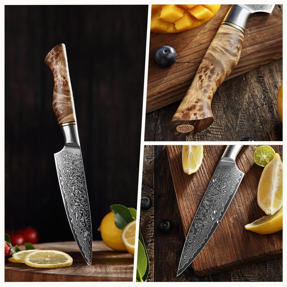HEZHEN Couteau Universel, Acier Damas Couteaux D'office, Multifonctionnel Couteau à Fruits, Figured Sycamore Wood Handle