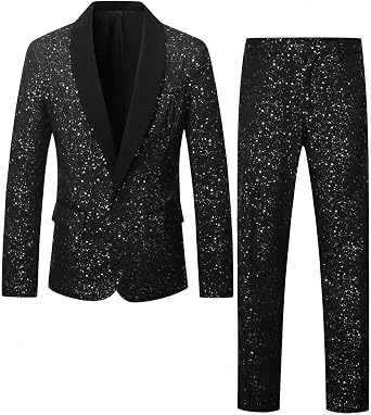 Mens Suit 2 Piece Set Shawl Lapel Shiny Tuxedos Blazer Pants Party Prom Fashion One Button Performance Nightclub Wedding