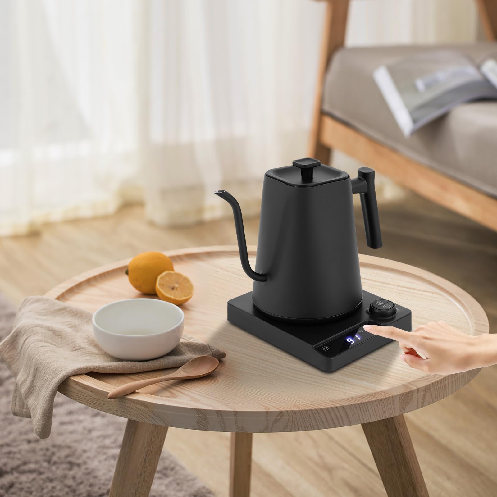 Hervidor eléctrico de acero inoxidable con cuello de cisne con ajuste de temperatura y pantalla LED, Coffee Kettle, 1 L, calefacción rápida de 1200 W, color negro