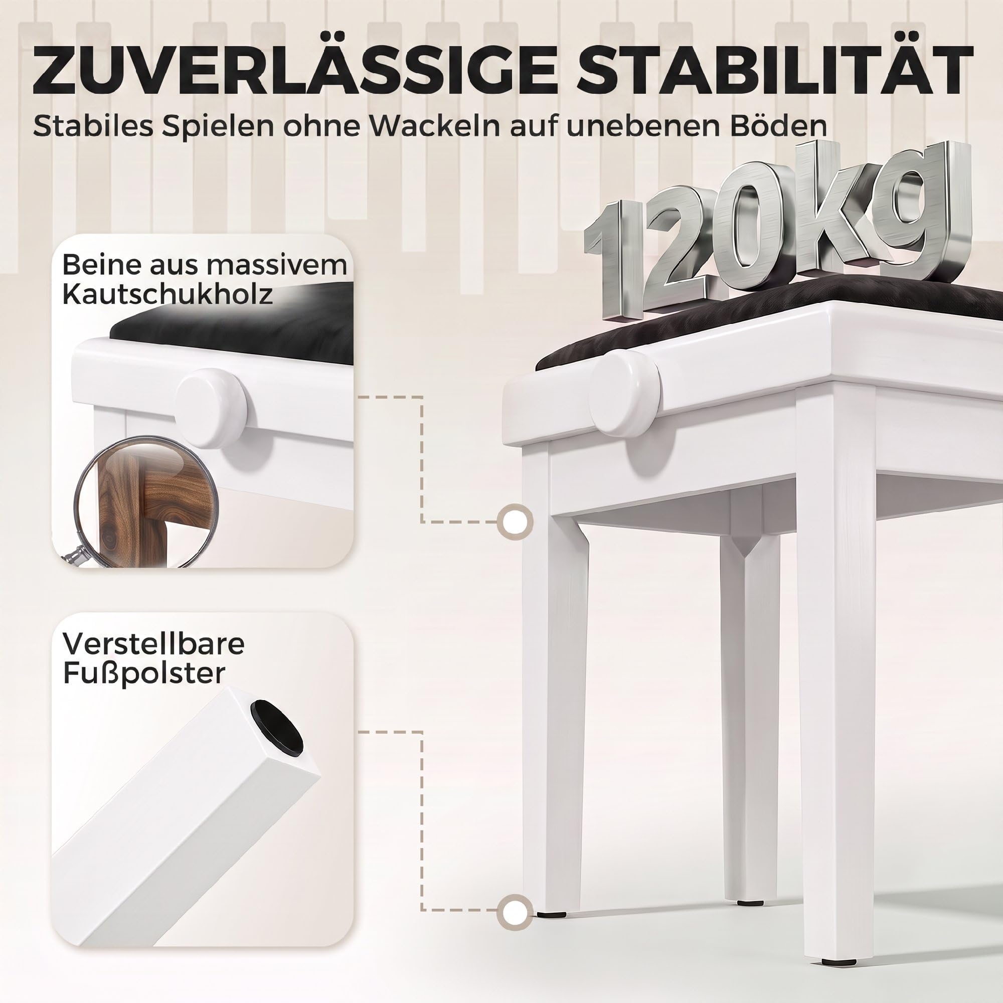 HOMCOM Banquette de Piano réglable en Hauteur 61,5 cm, siège avec Coussin rembourré Effet Velours, Pieds en hévéa laqué, pour Coiffeuse, Chambre ou Salon, Blanc