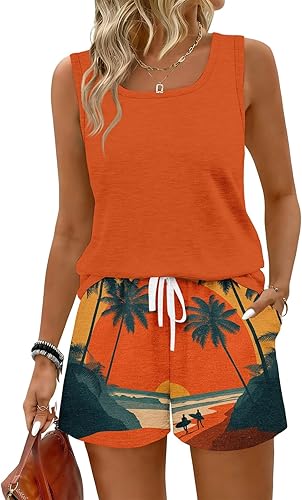 2 Piece Sets For Women Summer Hawaiian Outfits Flowy Sleeveless Tank Scoop Neck 