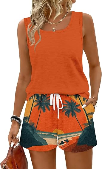 Short Sets for Women Vacation Outfits Floral Beach Tank Tops & Drawstring Tropical Boho Shorts with Pockets