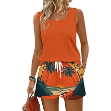 Short Sets for Women Vacation Outfits Floral Beach Tank Tops & Drawstring Tropical Boho Shorts with Pockets