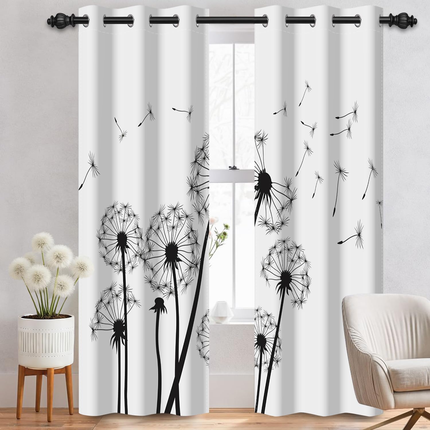 Dandelion Blackout Curtains, Grommet Room Darkening Window Curtain for Bedroom Living Room 26x63inches Minimalist Dandelions Room Partition Hotel Office Thermal Insulated Drapes 2 Panels