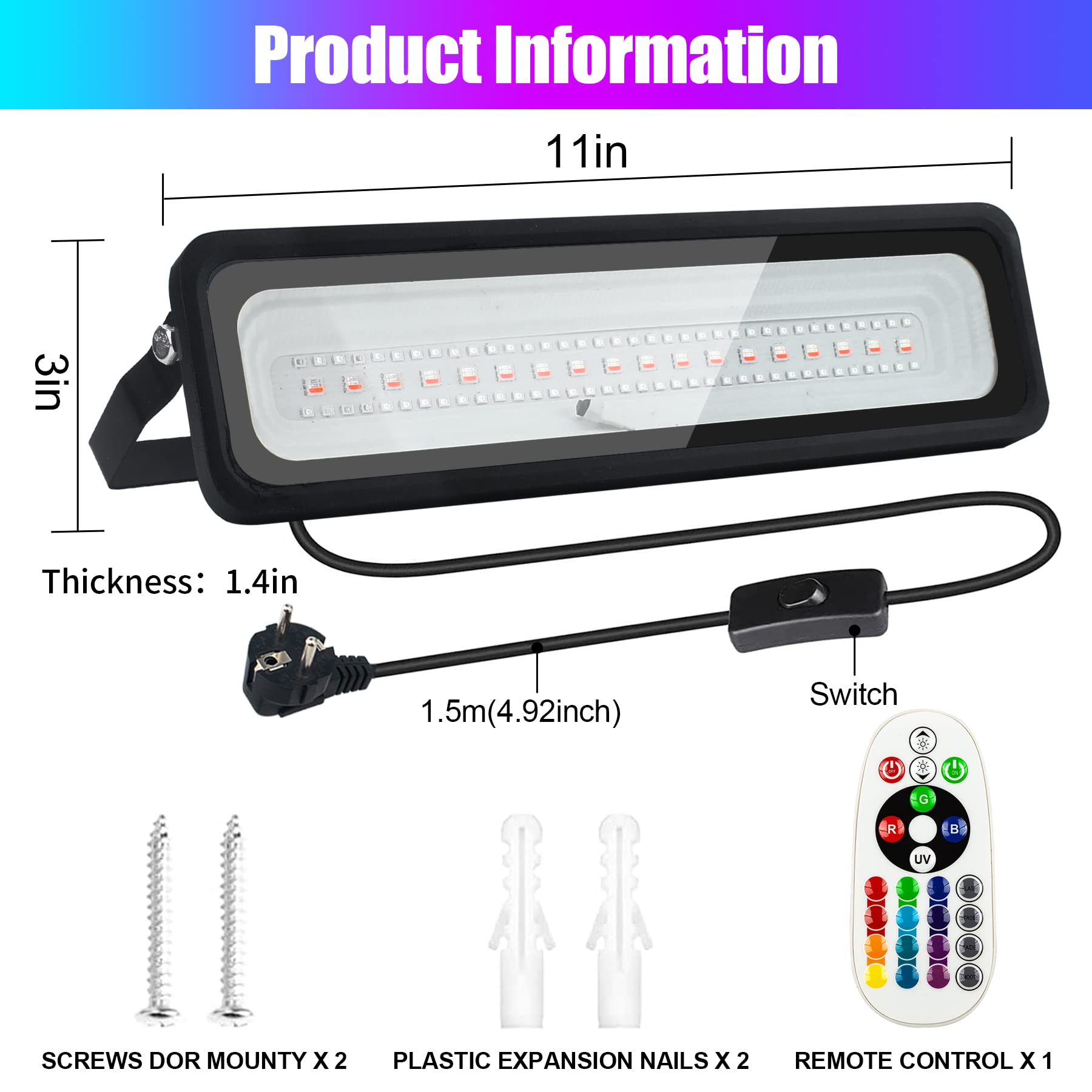 RGB+UV Strahler 50W LED Schwarzlichtlampe mit Fernbedienung 12 Farben Uv Schwarzlicht IP66 Wasserdicht Led strahler Partylicht Blacklight für Neonfarbe, Party, Bühnen, Garten, Halloween